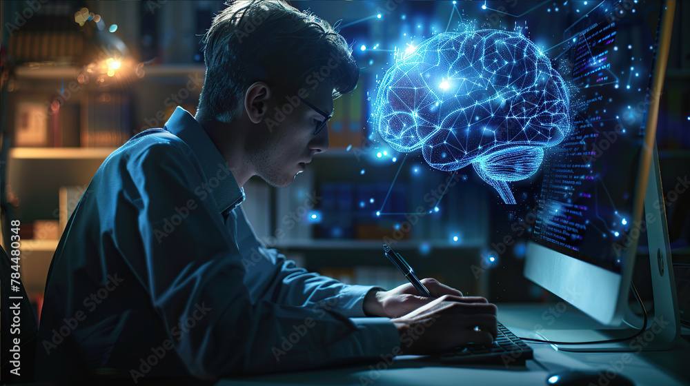 a young man is sitting at a computer, his brain is from a neural network