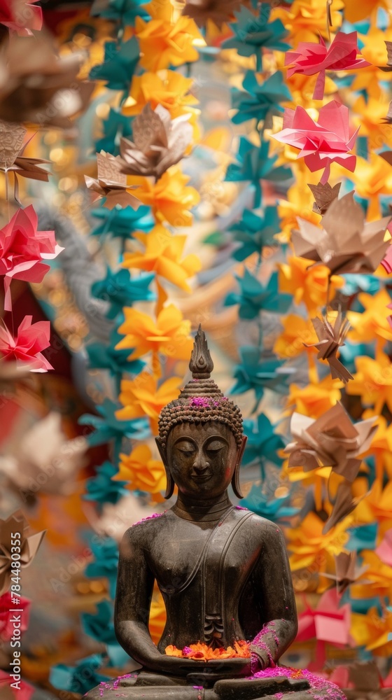 A creative shot of a Buddha statue with a backdrop of handmade paper decorations