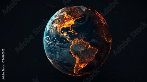 An Earth with a fiery glow highlighting continental outlines against a dark space background. photo