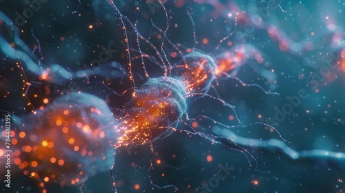 3D illustration of a neuron with detailed dendrites and glowing synapses on a dark background, symbolizing neural activity.
