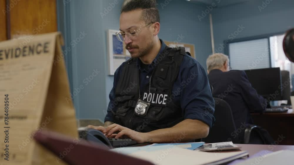 Detective working on his police computer Detective working on his police computer