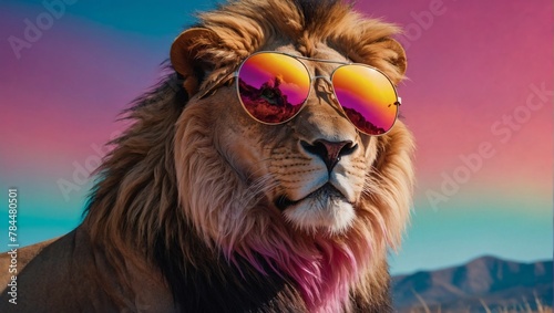 Illustration of a magnificent lion flaunts rainbow-hued mirrored sunglasses against a lively pink background.