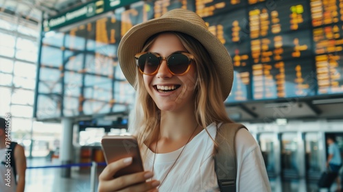 Looking up from her smartphone, a woman smiles, perhaps replying to messages from her family or friends. Her preoccupation with the phone indicates an active use of time photo