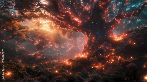 An enchanted forest filled with whimsical creatures and glowing flora, each tree seeming to pulsate with magical energy