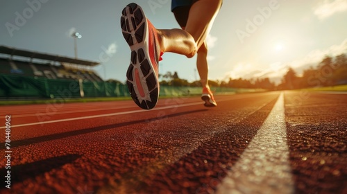 Ground perspective of a runner's feet in motion on a track at sunset, highlighting the determination and endurance involved.