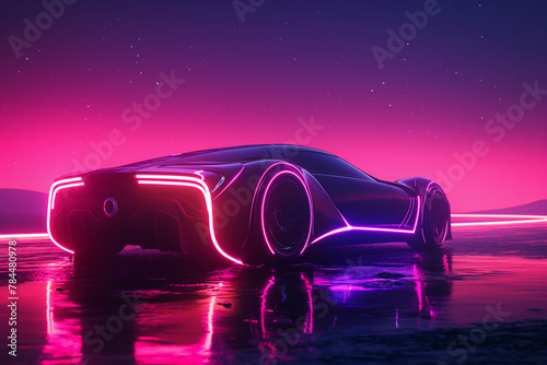 Sleek Concept Car Under Purple Neon Glow. Futuristic reflection and modern design © Tam
