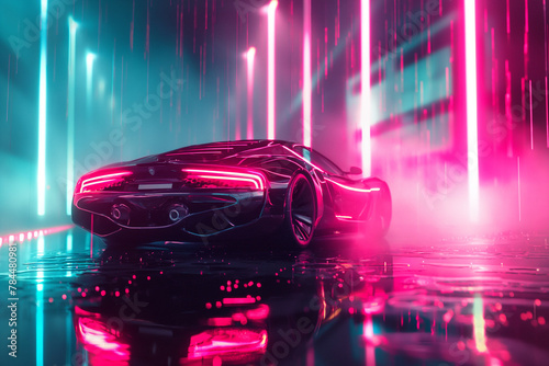 Concept Vehicle with Red Lighting in Cyber City. Futuristic vibrant neon glow ambient. © Tam