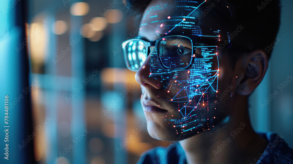 .a young male programmer is looking at a monitor, with a projection of a neural network and program code on his face
