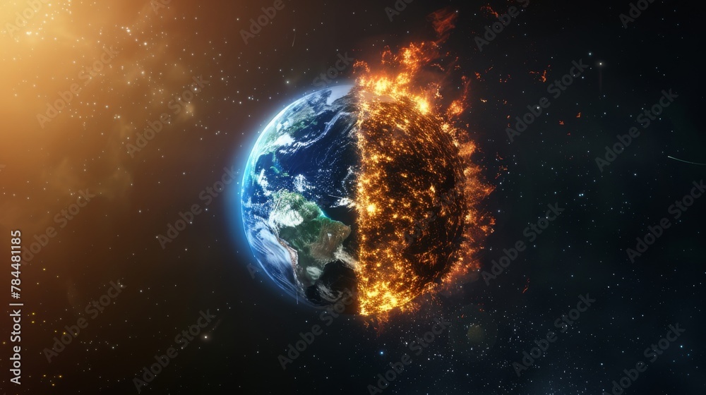 An Earth half engulfed in flames in space, portraying catastrophic environmental changes or apocalypse.