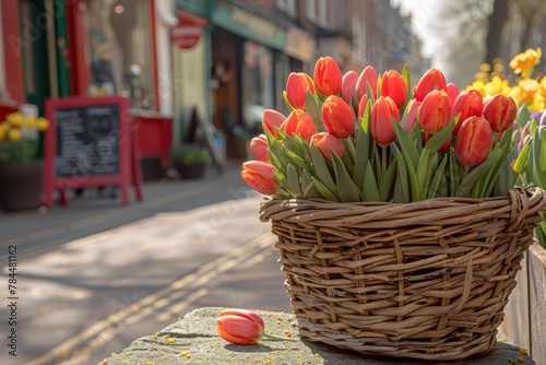 A wicker basket filled with bright red and orange tulips sits on the textured sidewalk of a charming town, basking in the warm sunlight with the quiet buzz of a quaint street scene in the background
