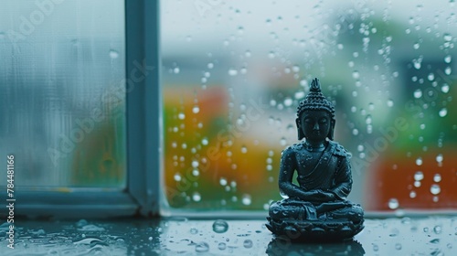 A minimalist shot of a small Buddha statue on a windowsill bathed by raindrops during Songkran