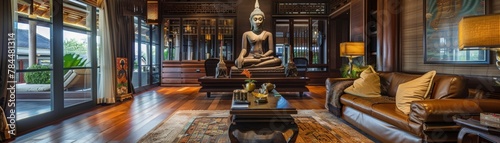 A panoramic view of a familys living room turned into a serene Songkran sanctuary photo