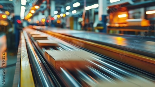 High-speed packaging conveyor belts in motion at a logistics distribution center. © Moopingz