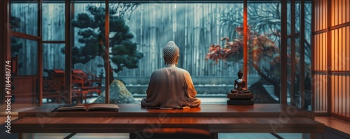 A quiet study room with a Buddha statue on a desk where a person meditates before it
