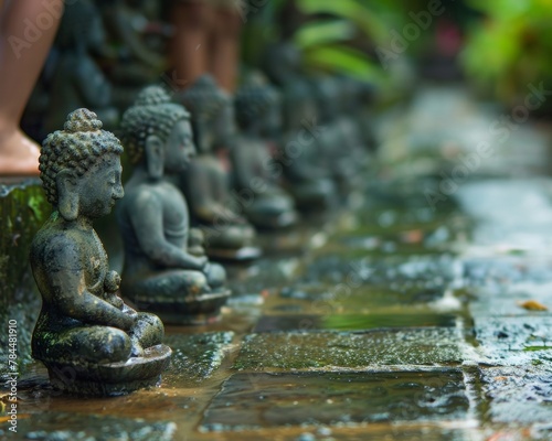 A sequence of small Buddha statues lined up for bathing by neighborhood children