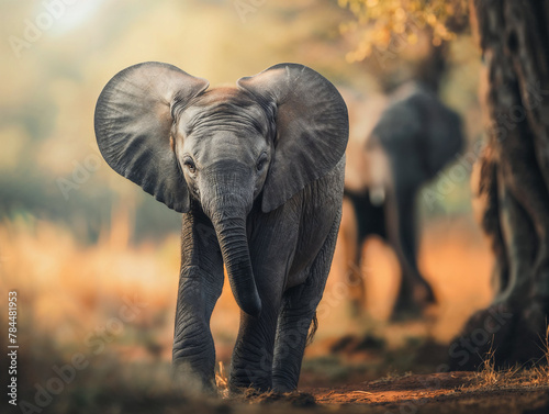 A cute baby elephant stands in the African savannah.