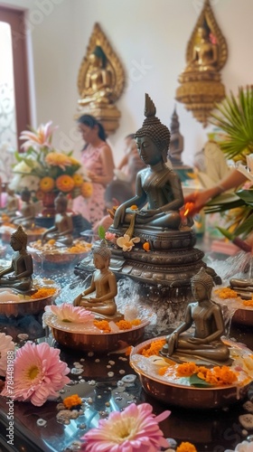A serene altar with multiple Buddha statues each being bathed by different family members