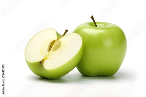 Fresh green apple with slice on a white background