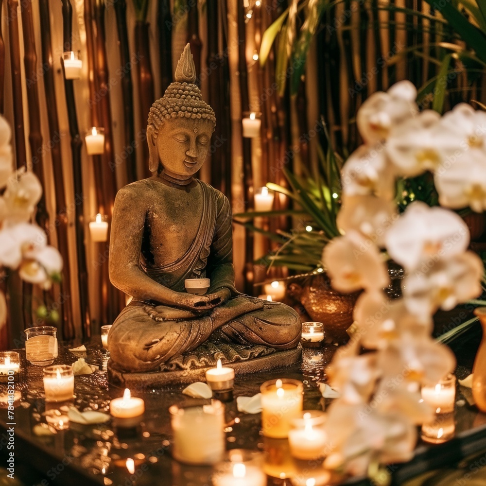 A serene setup for Songkran in a spa-like setting with a Buddha statue surrounded by aromatherapy candles and orchids