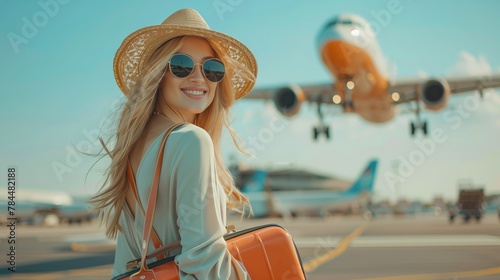 A captivating lady in an exquisite image stands near a passenger liner at the airport, ready to go on a new journey. Its stylish look impresses with its elegance and sophistication.