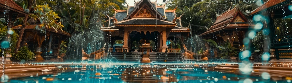 A Songkran festival influencer meetup set in a beautifully decorated Thai style pavilion