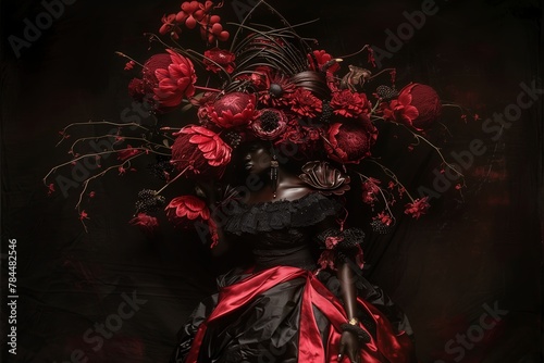 Elegant dark fantasy A mysterious lady in a black Halloween costume, her face adorned with spooky