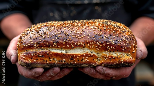  A person tightly grips a loaf of bread in a close-up shot, sesame seeds generously sprinkled atop photo