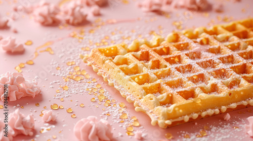 Waffles dusted with powdered sugar and syrup on top. photo