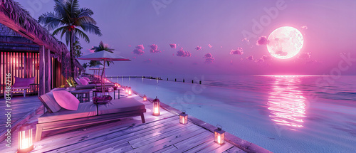 Luxurious Maldives Resort at Sunset with Overwater Bungalows and Calm Blue Seas, Perfect Romantic Getaway