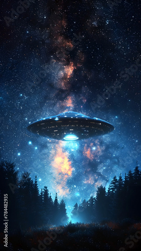 Mysterious UFO Sighting in the Night Sky over a Tranquil Forest Landscape with Glowing Lights and a Cinematic Photographic Style