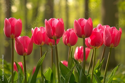 A cluster of bright pink tulips stands tall, their petals basking in the warm glow of morning sunlight. The flower' vivid colour are highlighted against the soft, green background of a thriving garden