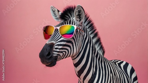 Illustration of a stylish zebra flaunts rainbow-hued mirrored sunglasses against a lively pink background.