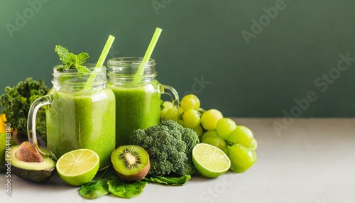 Green Health Smoothie: Fresh Ingredients in Glass Jar Mugs