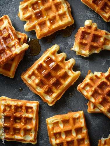 Bunch of waffles drizzled with maple syrup on dark background. photo