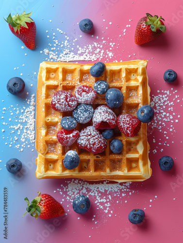 Fresh waffles with strawberries, raspberries, and blueberries on a happy colourful surface.