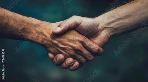 Closeup of two men shaking hands over dark background. Business concept