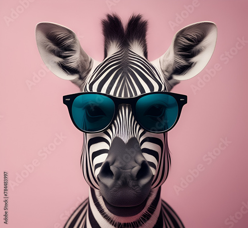 A zebra wearing sunglasses and a pink background with the word zebra on it 