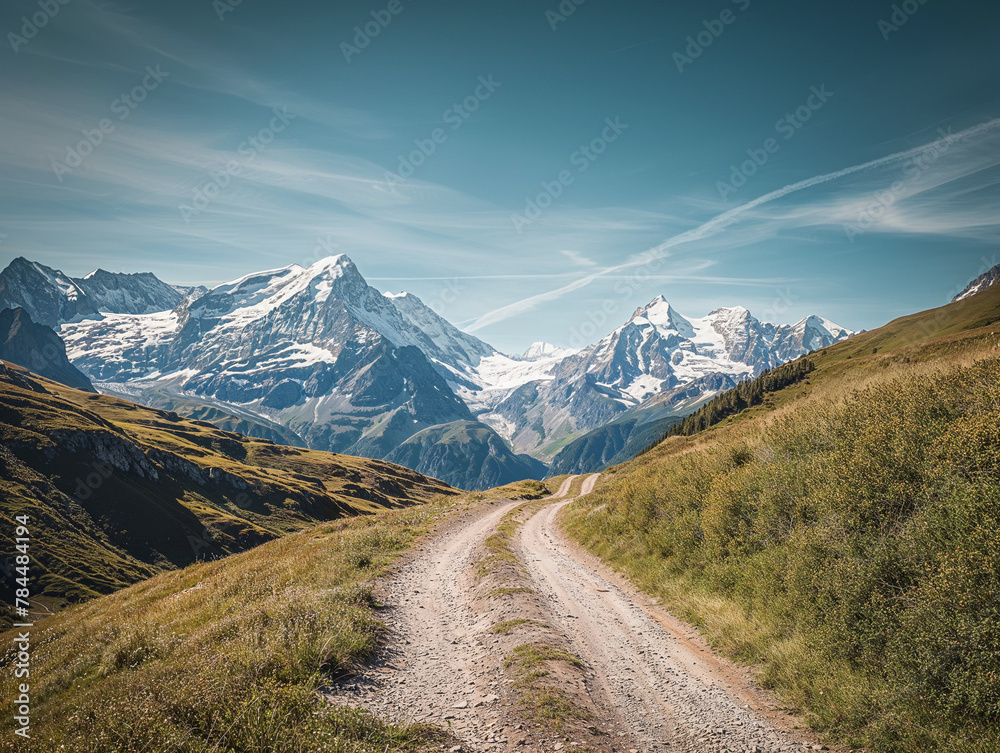 path leading to Jungfrau of Alps in Switzerland, a clear blue sky, beautiful scenery, daylight, on a summer day, a single dirt road leading up to it, with cinematic lighting.