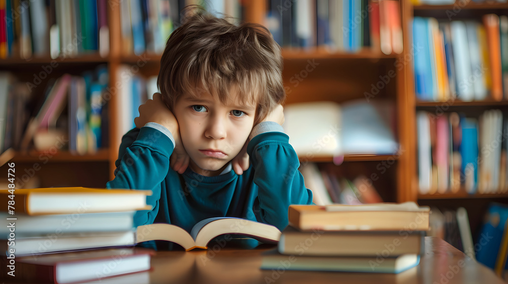 Tired frustrated boy sitting at table with many books at home. Angry grumpy kid doing homework. Learning difficulties, education, neurodiversity concept Tired frustrated boy sitting at table with many books at home. Angry grumpy kid doing homework. Learning difficulties, education, neurodiversity concept