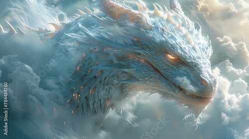 A close-up of a dragon's head emerging from a bank of clouds, its piercing eyes fixed on the horizon