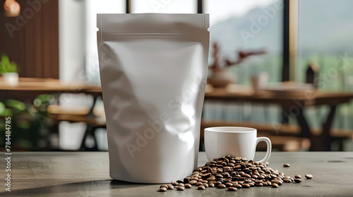 blank white coffee pouch with coffee grains and cup on a table, put your brand label
