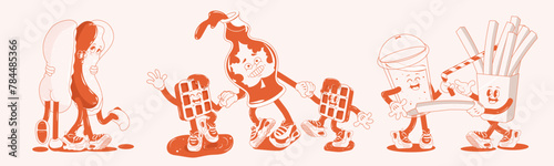 Fast food retro posters or cards with walking funny cute comic characters 60s-70s. illustration for t-shirt print. Mascots for restaurant. Milk shake, hot dog, fries, waffle monochrome red palette