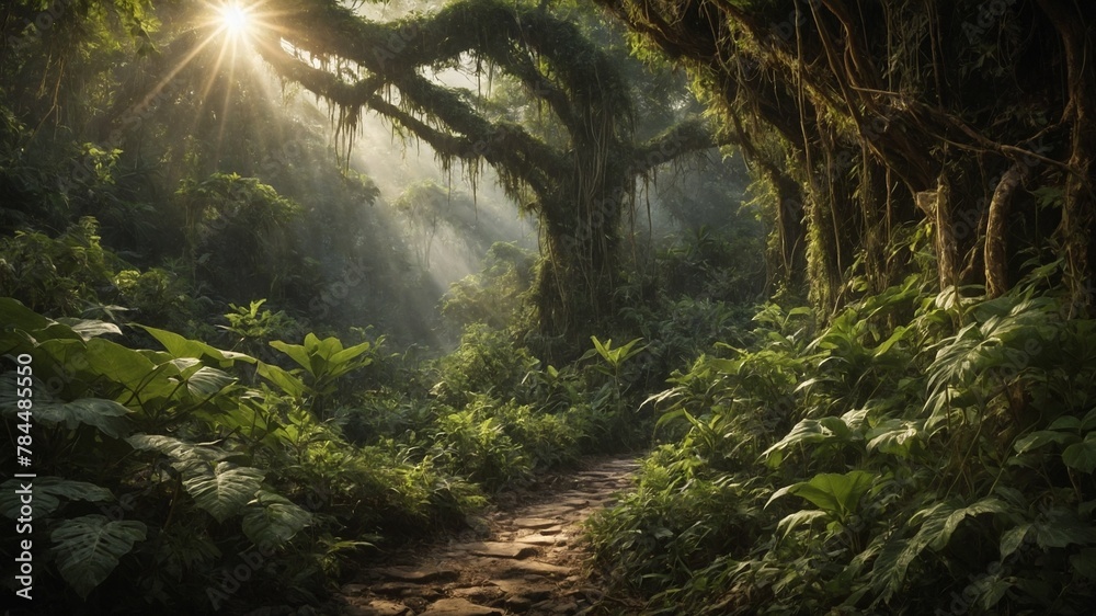 Sunlight pierces through dense canopy of lush, green forest, casting beams of light that illuminate narrow, winding path. Path surrounded by array of vibrant green plants, trees. - obrazy, fototapety, plakaty 