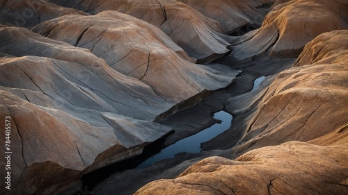 Intricate landscape unfolds, featuring smooth, rugged rock formations. Stream of water, winding, serene, meanders through these formations, carving path that adds to complexity of scene. Rocks.