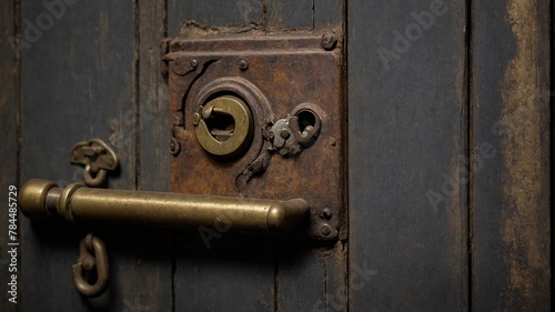 Old, rustic door, showcasing vintage lock, handle that tell tales of era long past. Dark wooden door, aged, weathered, bears marks of time with its faded paint, worn texture. Metal lock plate. © Tamazina