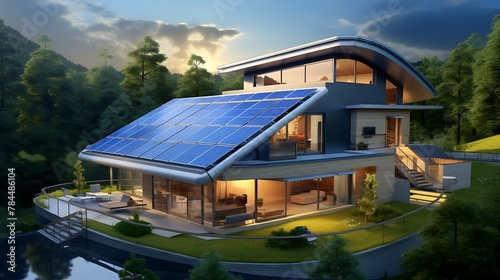Modern house with solar panels on the roof © MahmudulHassan