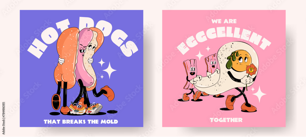 Set of fast food retro posters or cards with walking funny cute comic characters 60s-70s. Lettering illustration for t-shirt print. Mascots for restaurant. Hot dog, egg and bacon