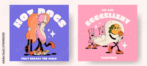 Set of fast food retro posters or cards with walking funny cute comic characters 60s-70s. Lettering illustration for t-shirt print. Mascots for restaurant. Hot dog, egg and bacon © Tasha