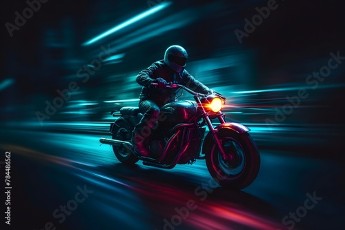 Motorcyclist riding on the road at night with neon lights