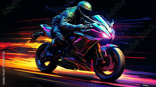 Motorcyclist riding on the road at night with neon lights